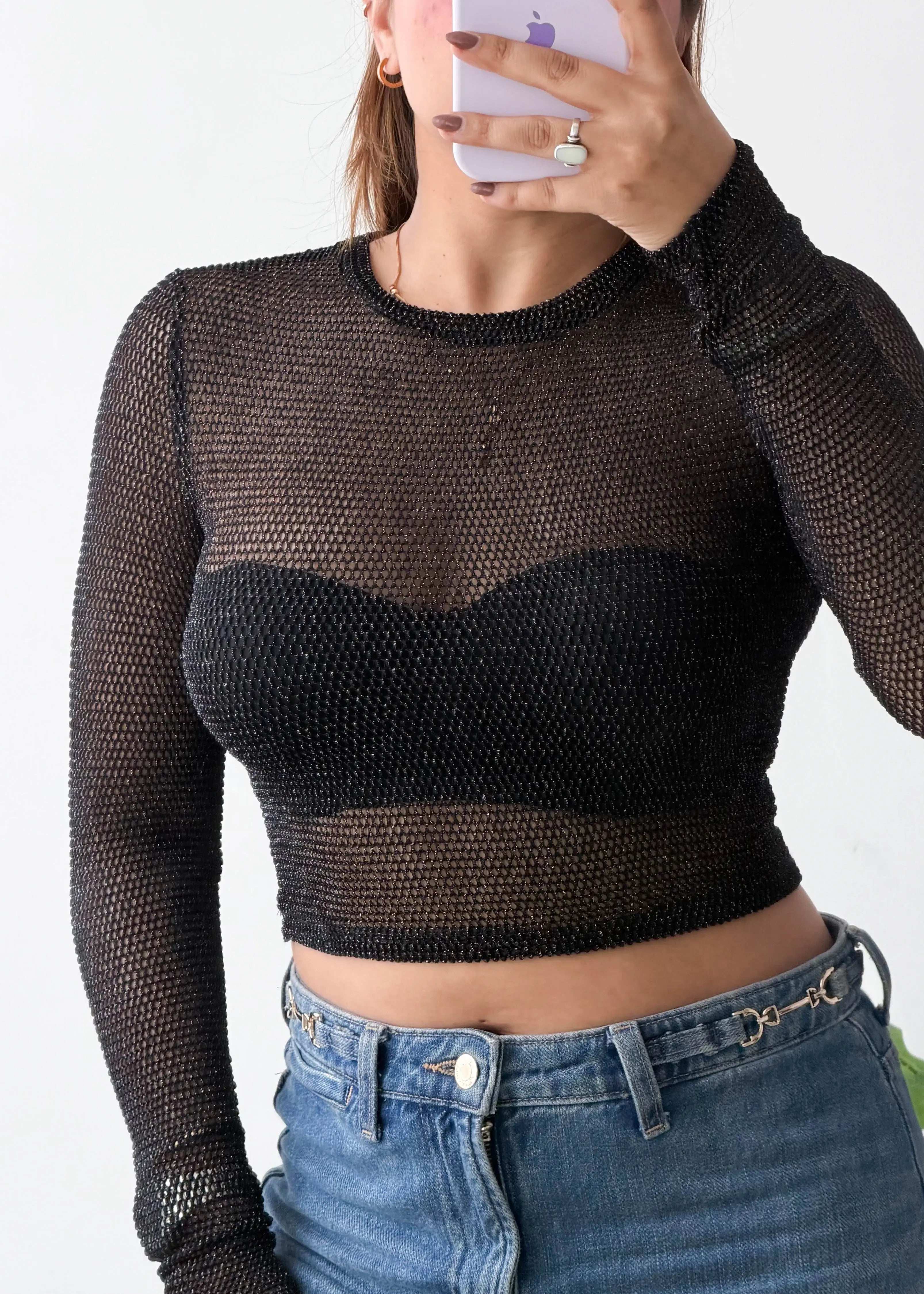 SIZE XS-S, Black Sheer Long Sleeve Crop Top