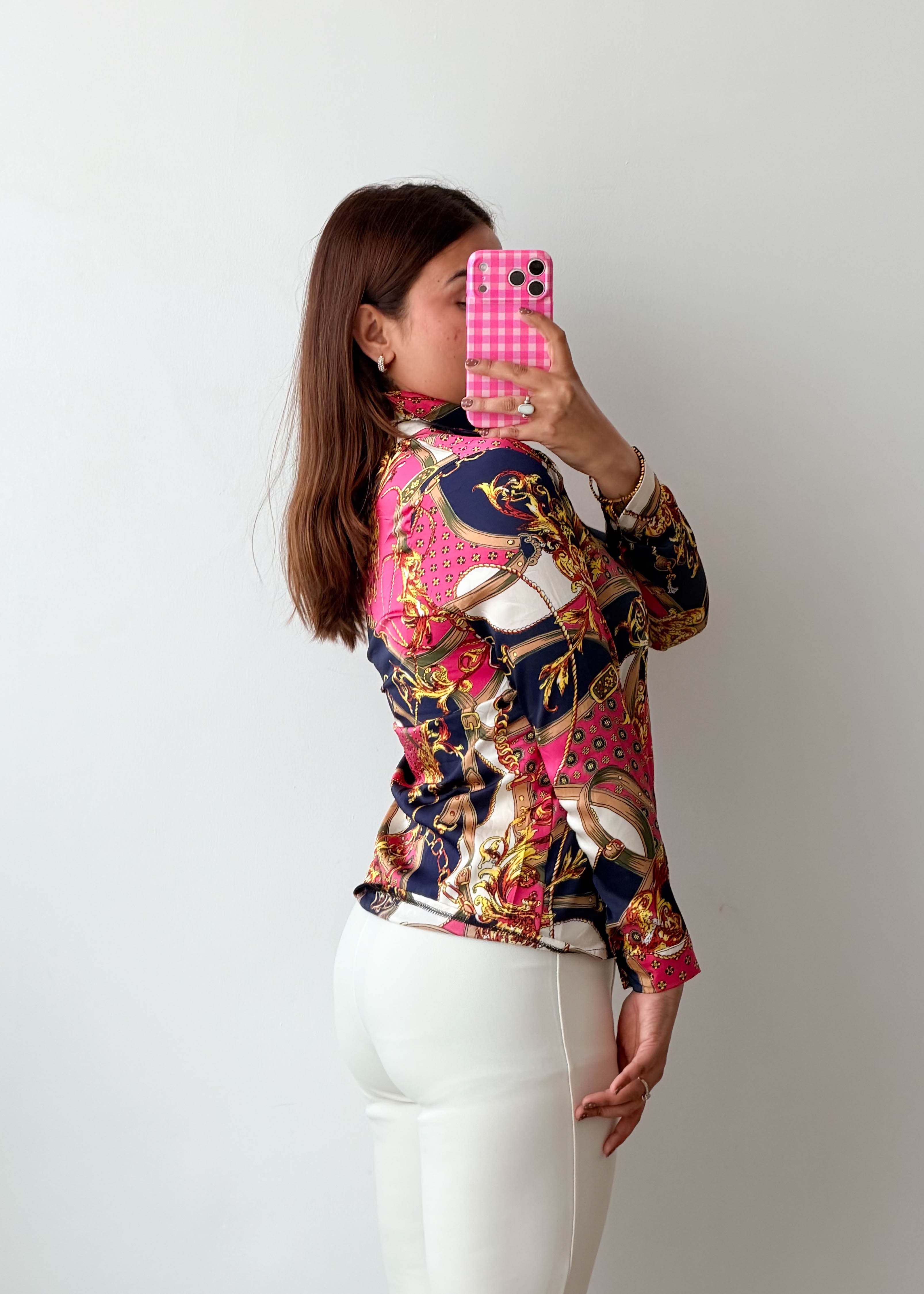 Size XS-S Pink Navy Baroque Print Shirt Top