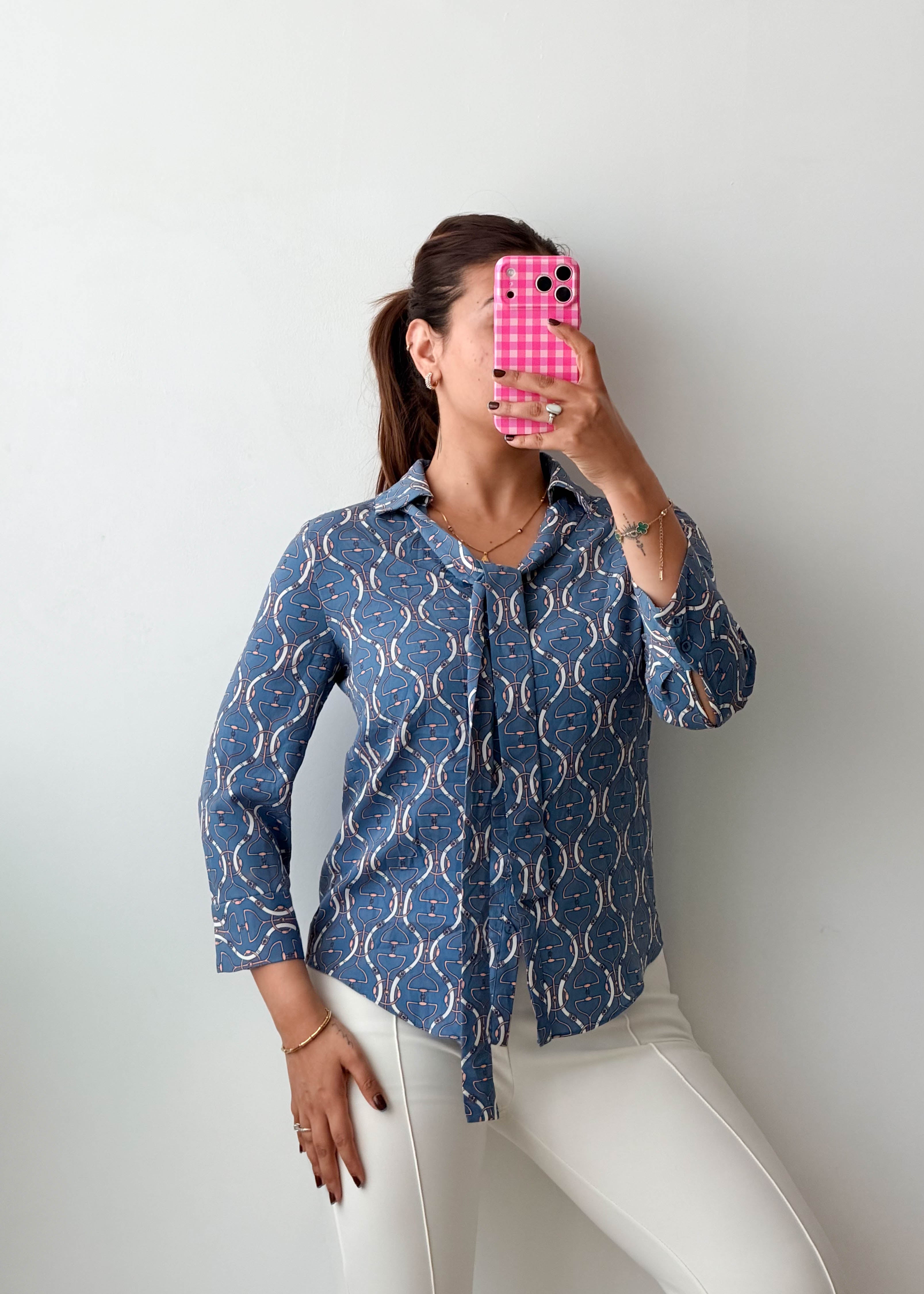 Size XS-S Blue Printed Tie-Neck Shirt Top
