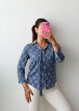 Size XS-S Blue Printed Tie-Neck Shirt Top