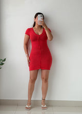 Size XS-M Red Ribbed Button-Front Bodycon Mini Dress