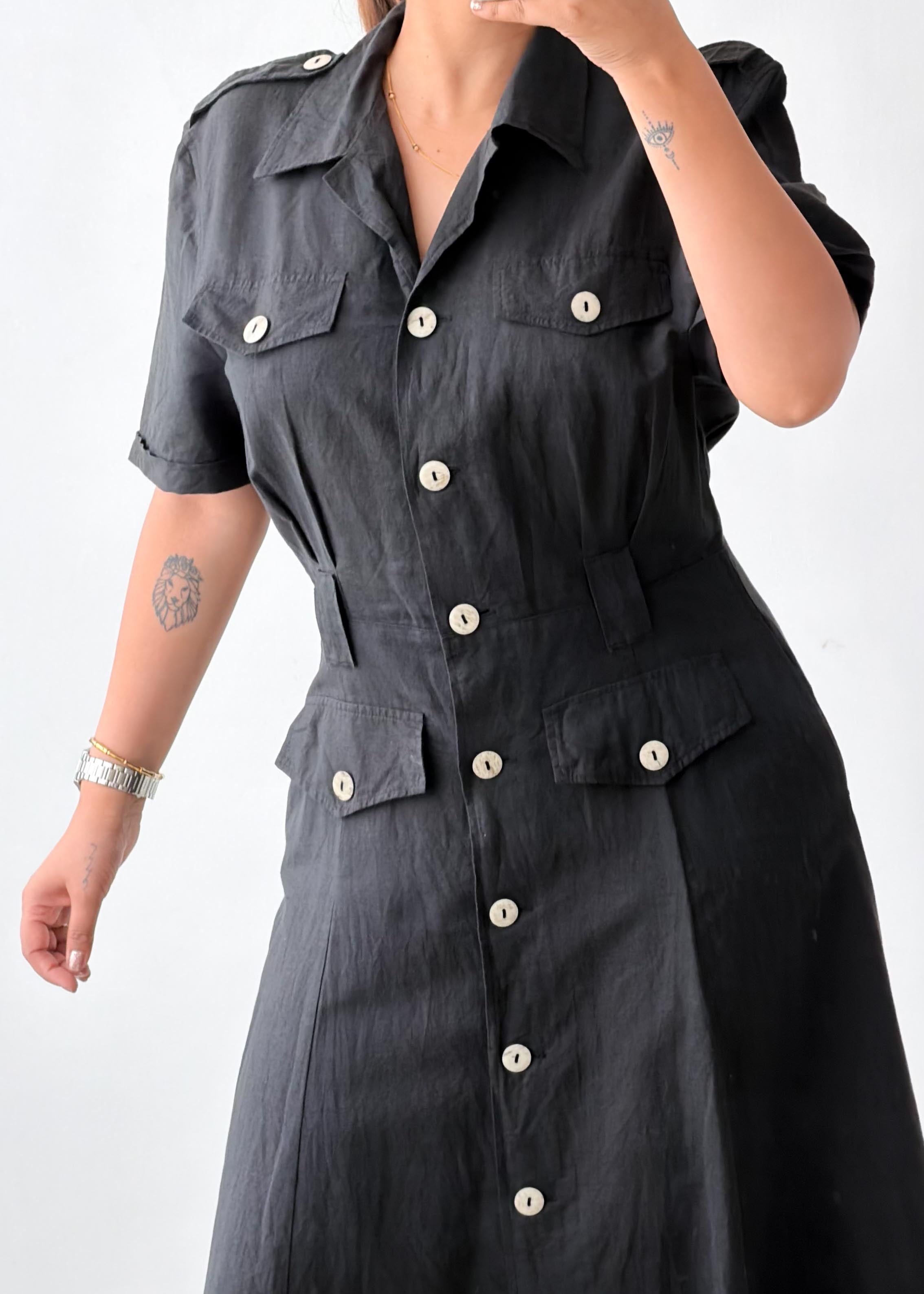 Size M Black Button-Front Utility Midi Dress