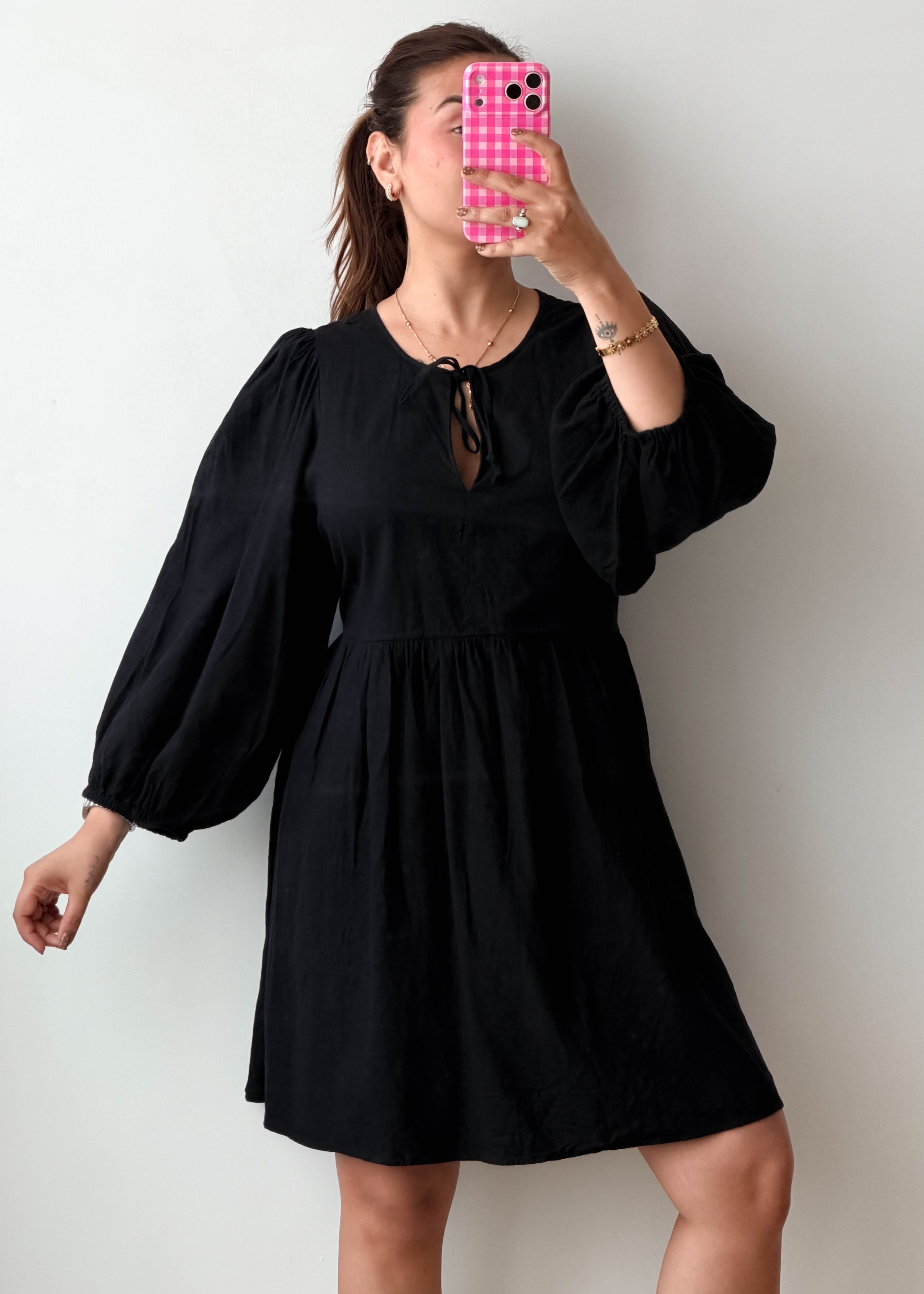 Size XL-2XL Black Tie-Neck Mini Dress