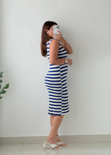 Size M-L Blue Stripe Ribbed Midi Dress