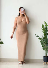 Size S-M, Beige V-Neck Ribbed Maxi Dress - Closet by Payal