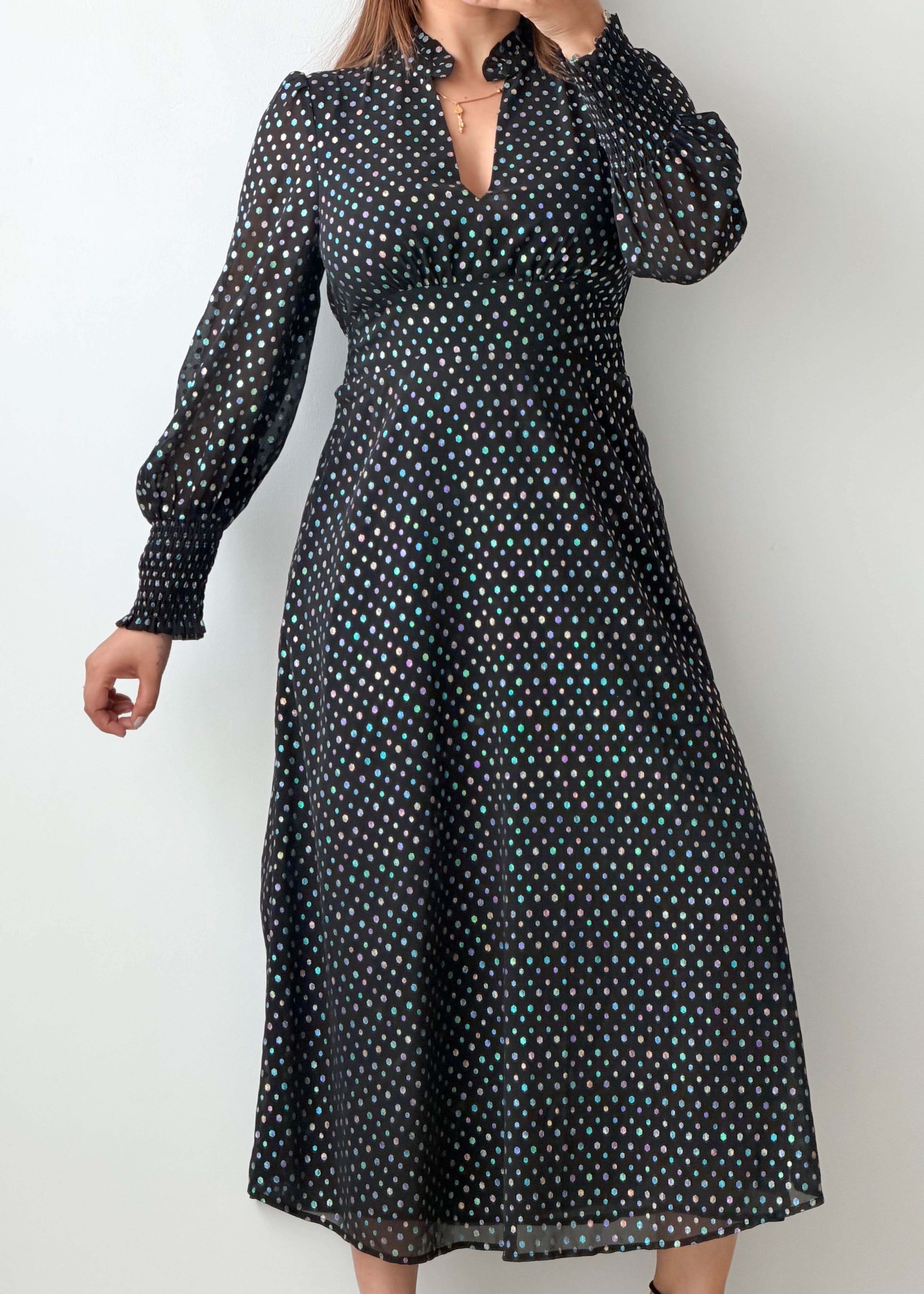Size XS-S Black Polka Dot Midi Dress