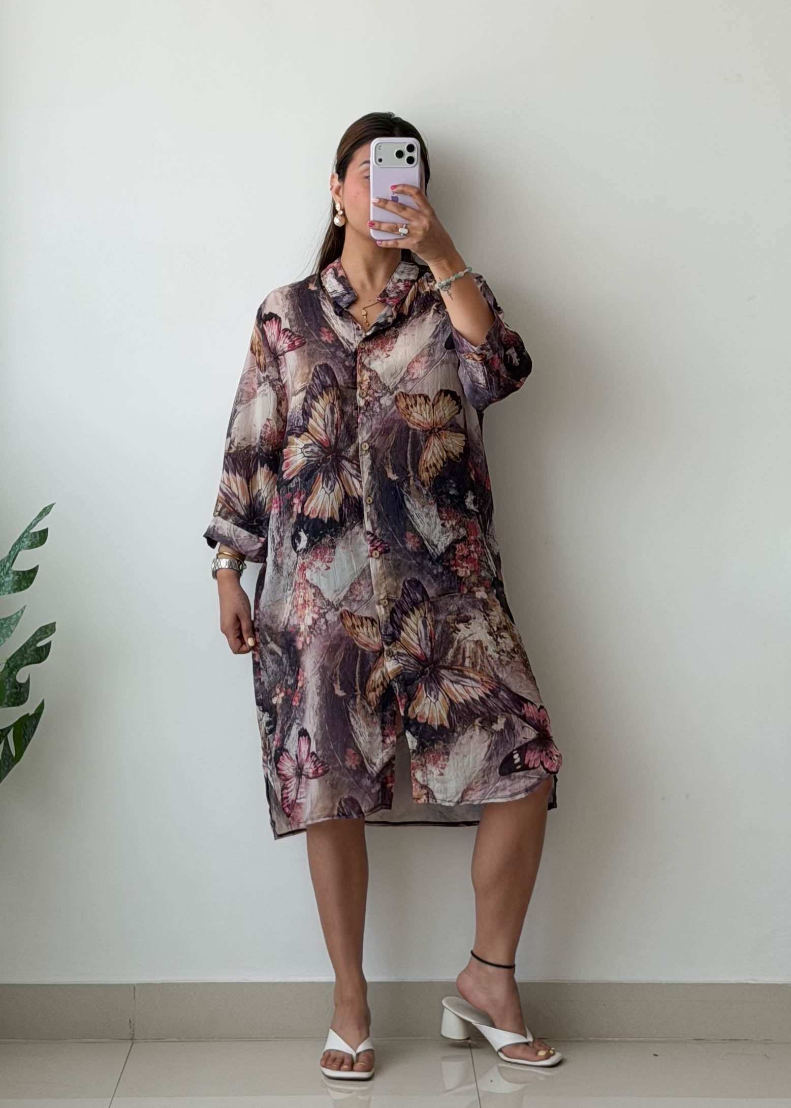 M-L Purple Butterfly Print Shirt Dress