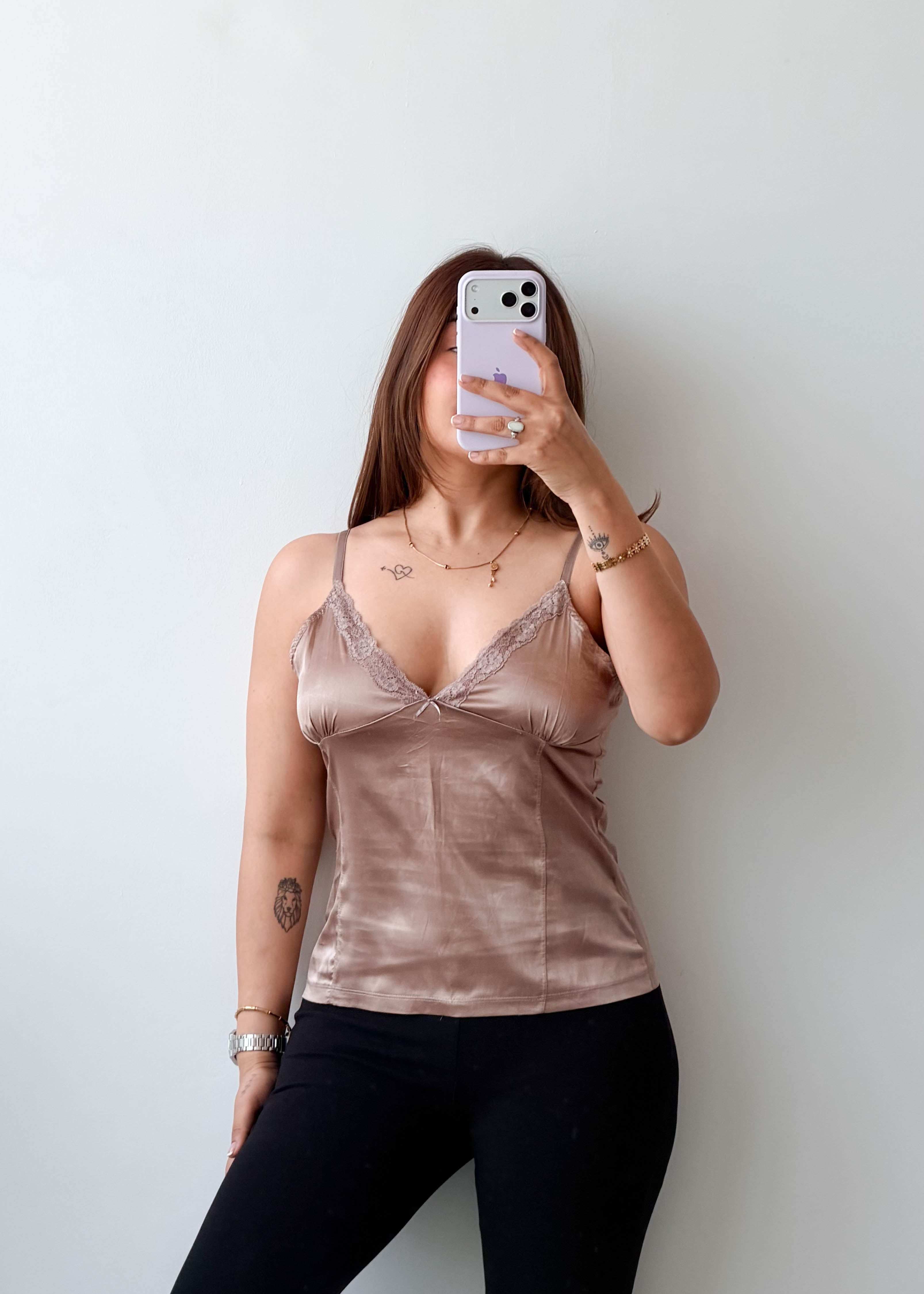 Size S Taupe Satin Lace Cami Top