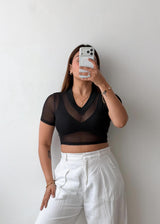 Size XS-S Black Mesh V-Neck Crop Top