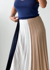 S-M Navy Color Block Pleated Maxi Dress