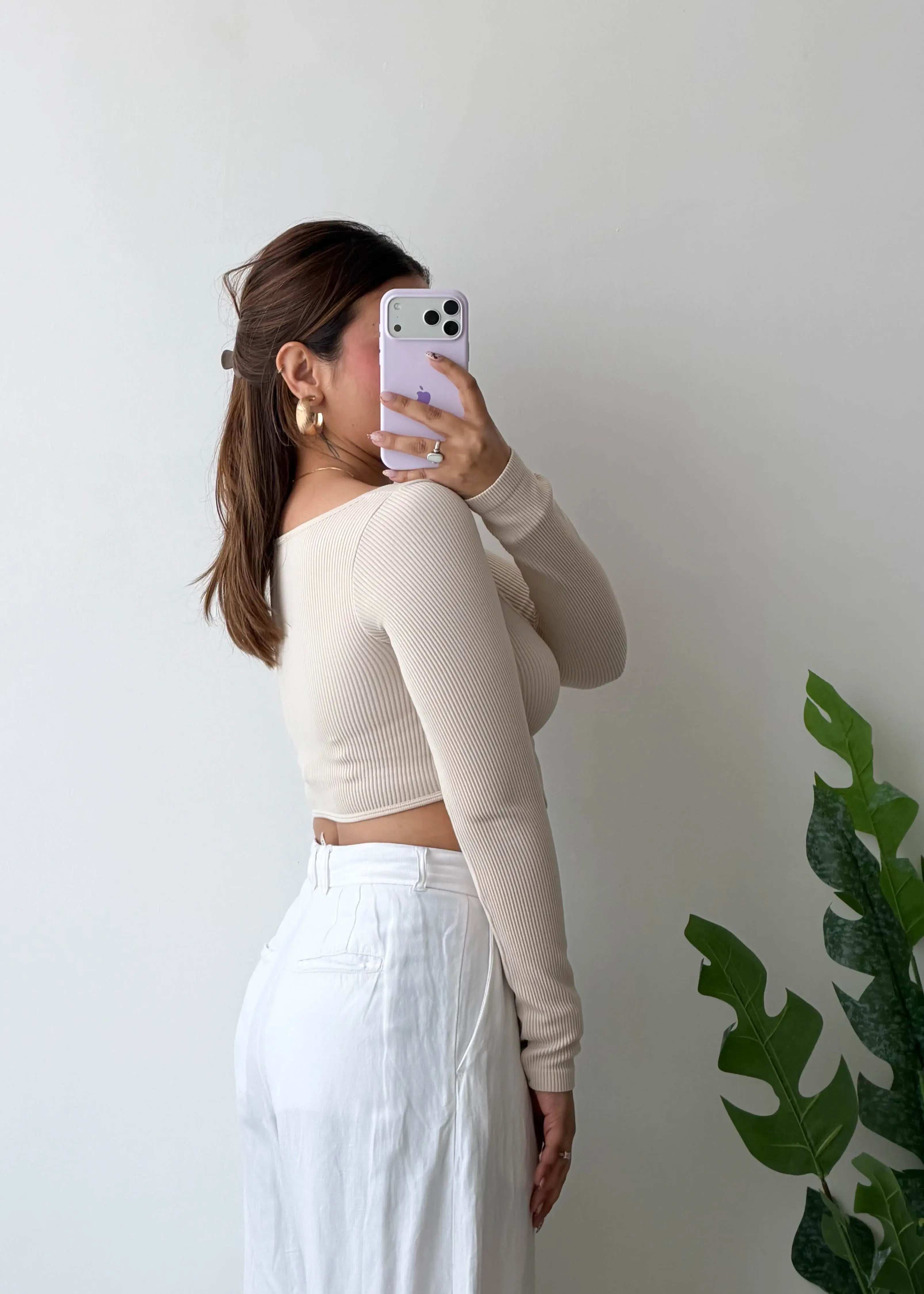 Size XS-S, Cream Long Sleeve Crop Top