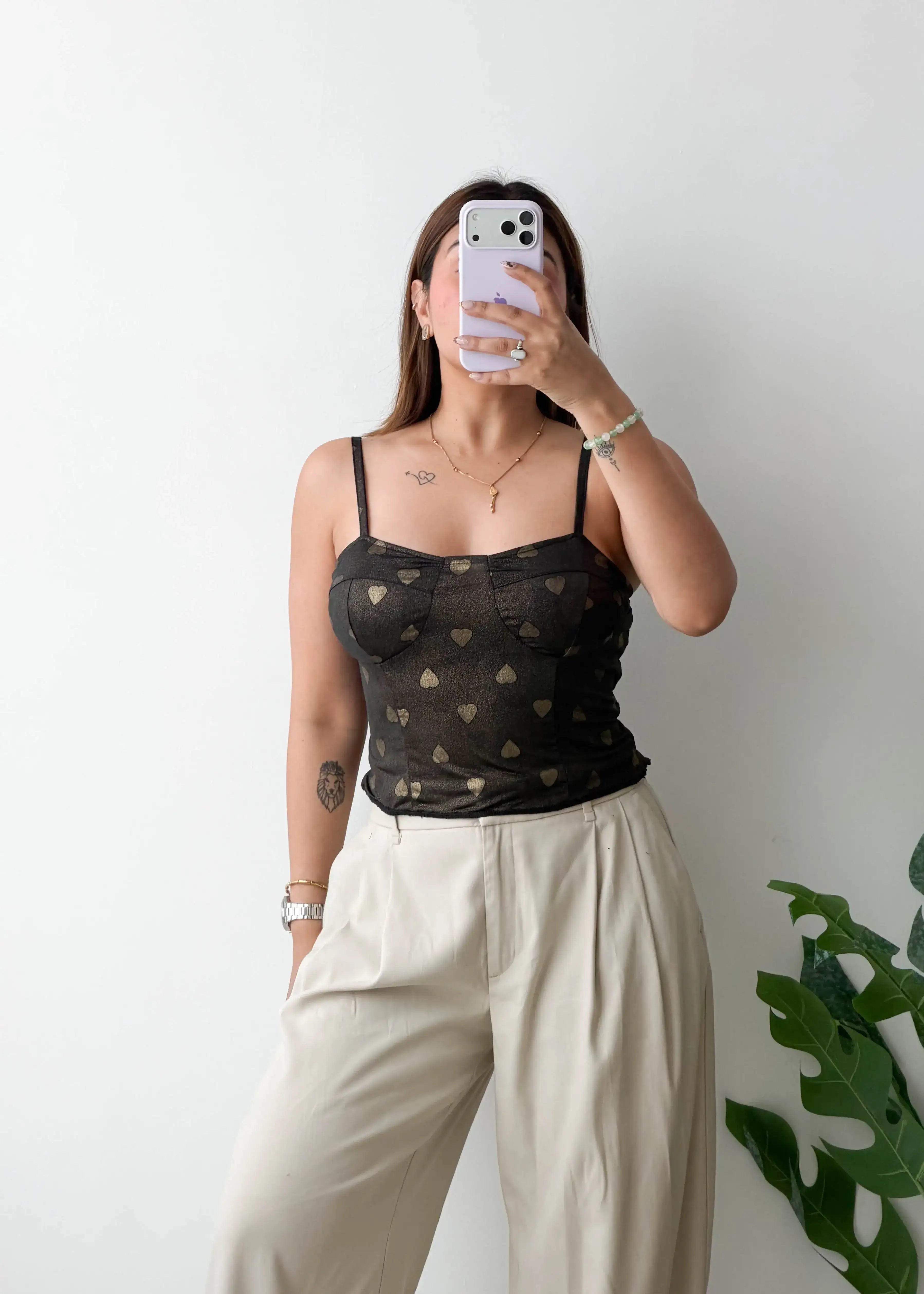 Size S-M, Black Sheer Heart Mesh Top