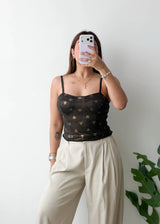 Size S-M, Black Sheer Heart Mesh Top