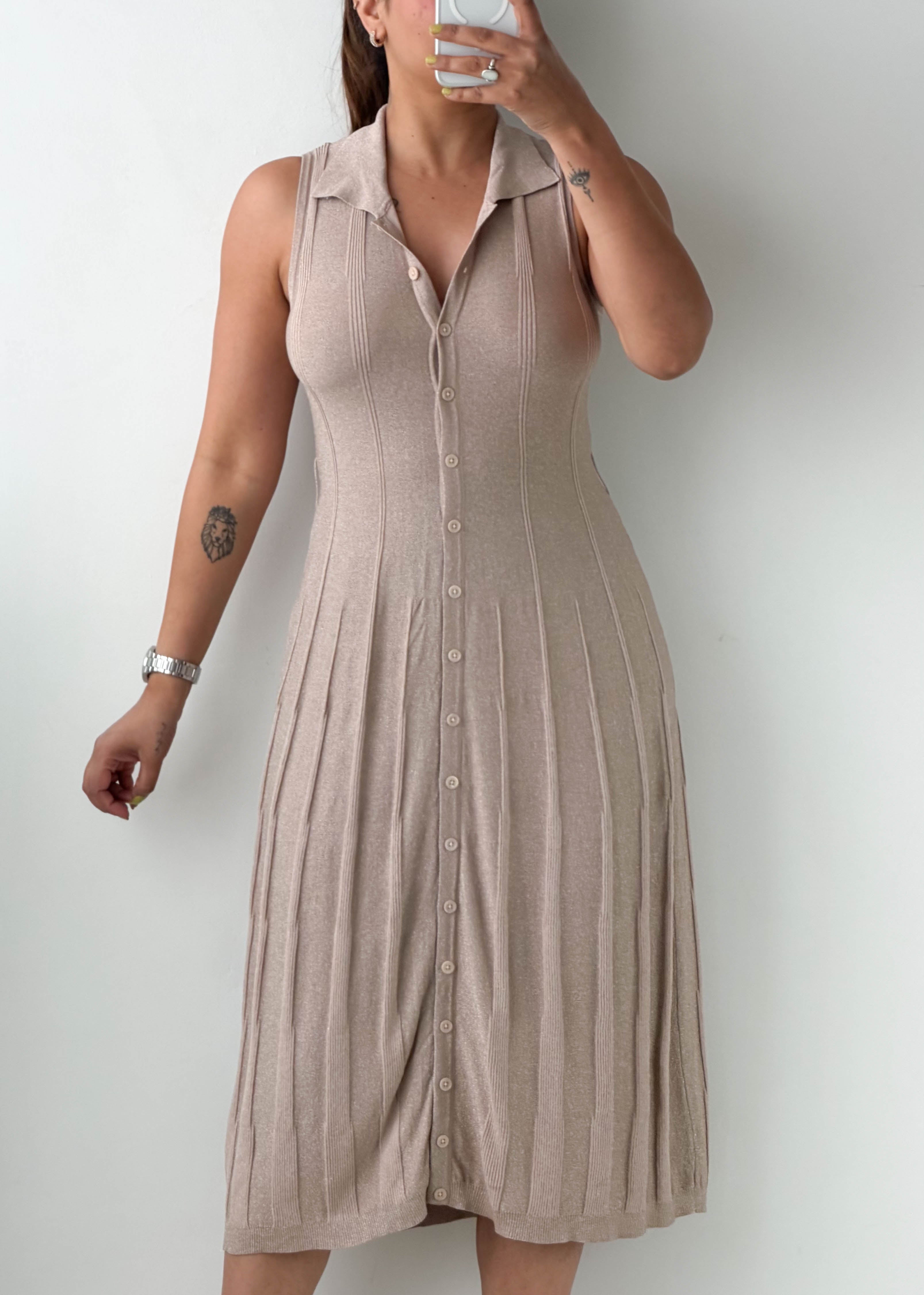Size XS-S Beige Collared Button Midi Dress