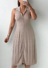 Size XS-S Beige Collared Button Midi Dress