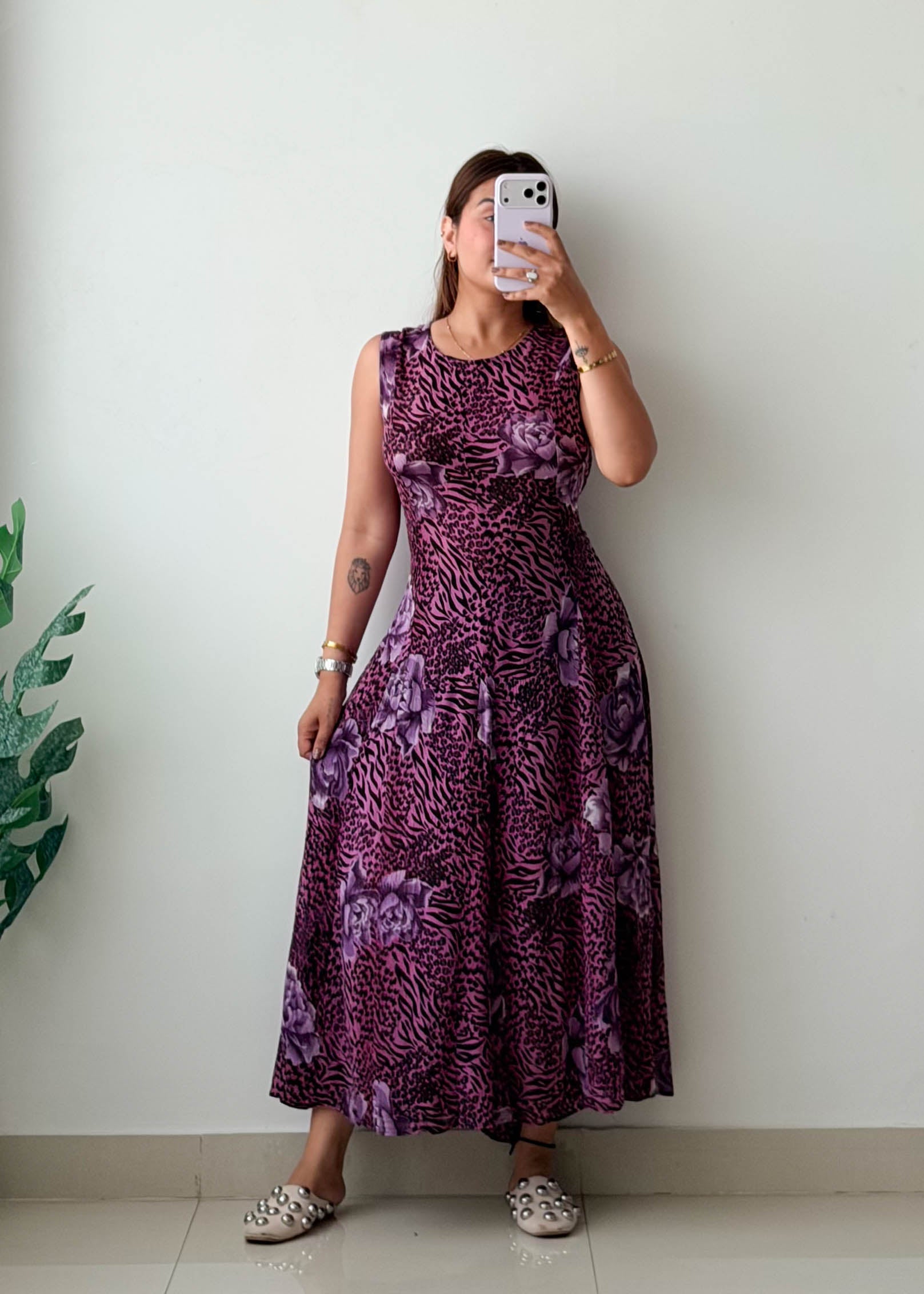 Size S-M Purple Floral Printed Maxi Dress