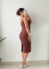 Size S-M Brown Ribbed Scoop Neck Knit Midi Dress
