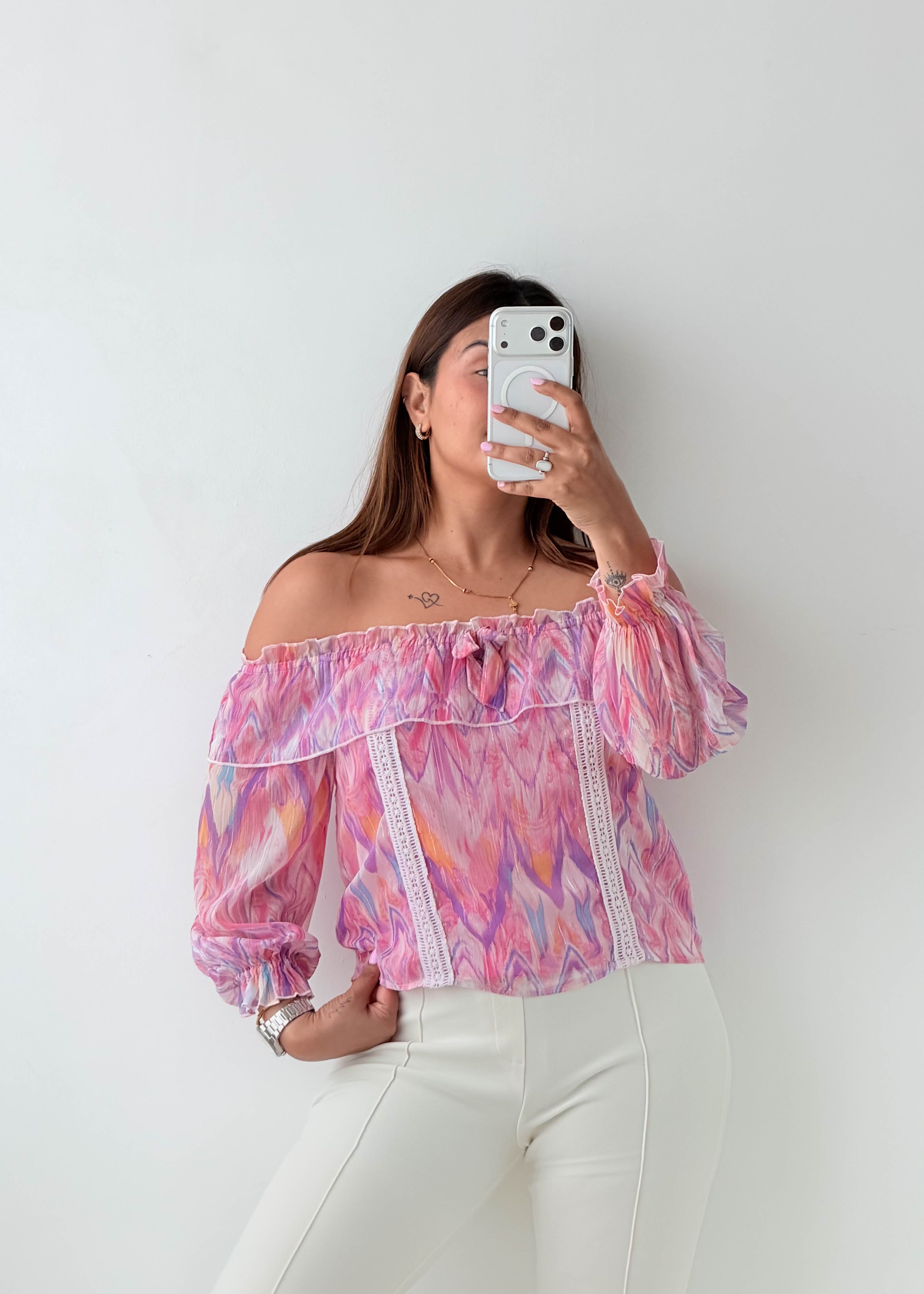 Size XS-S Pink Off-Shoulder Printed Top
