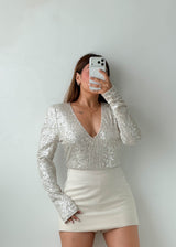 Size M Silver Sequin V-Neck Bodysuit