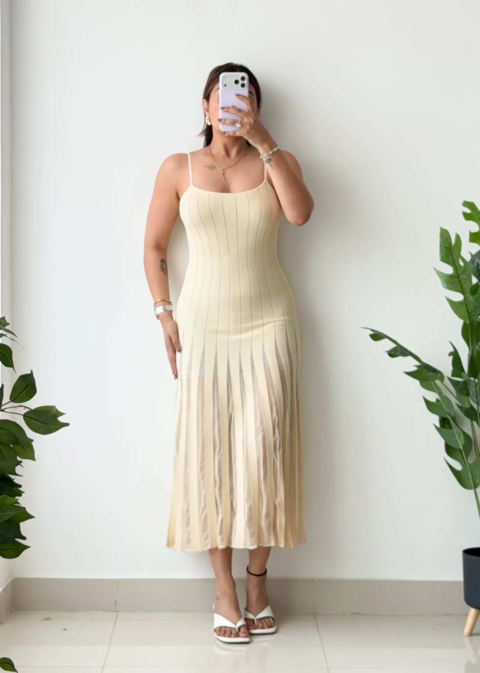 Size S- M, Cream Pleated Ribbed Midi Dress - Closet by Payal