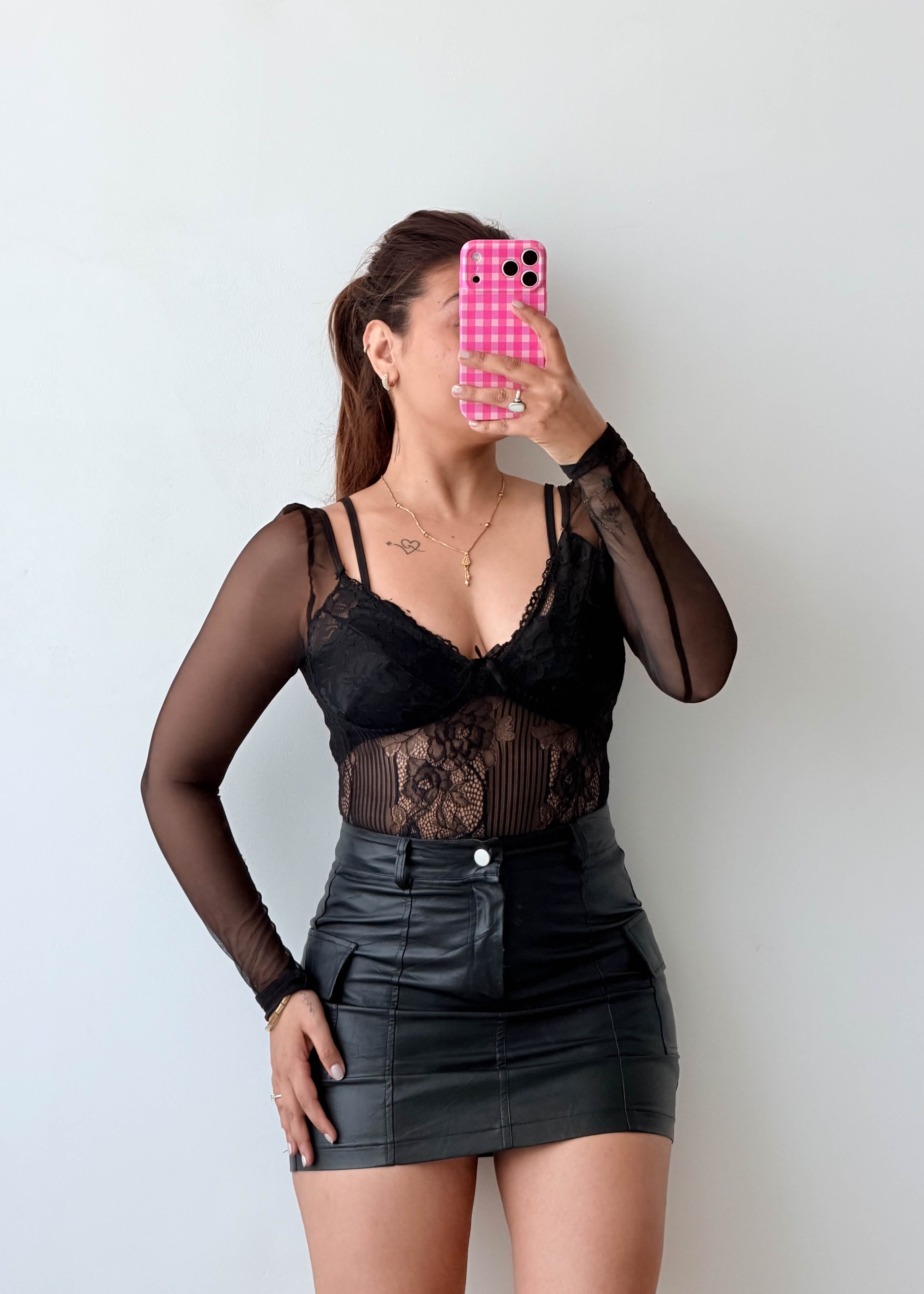 Size XS-S Black Sheer Lace Corset Bodysuit