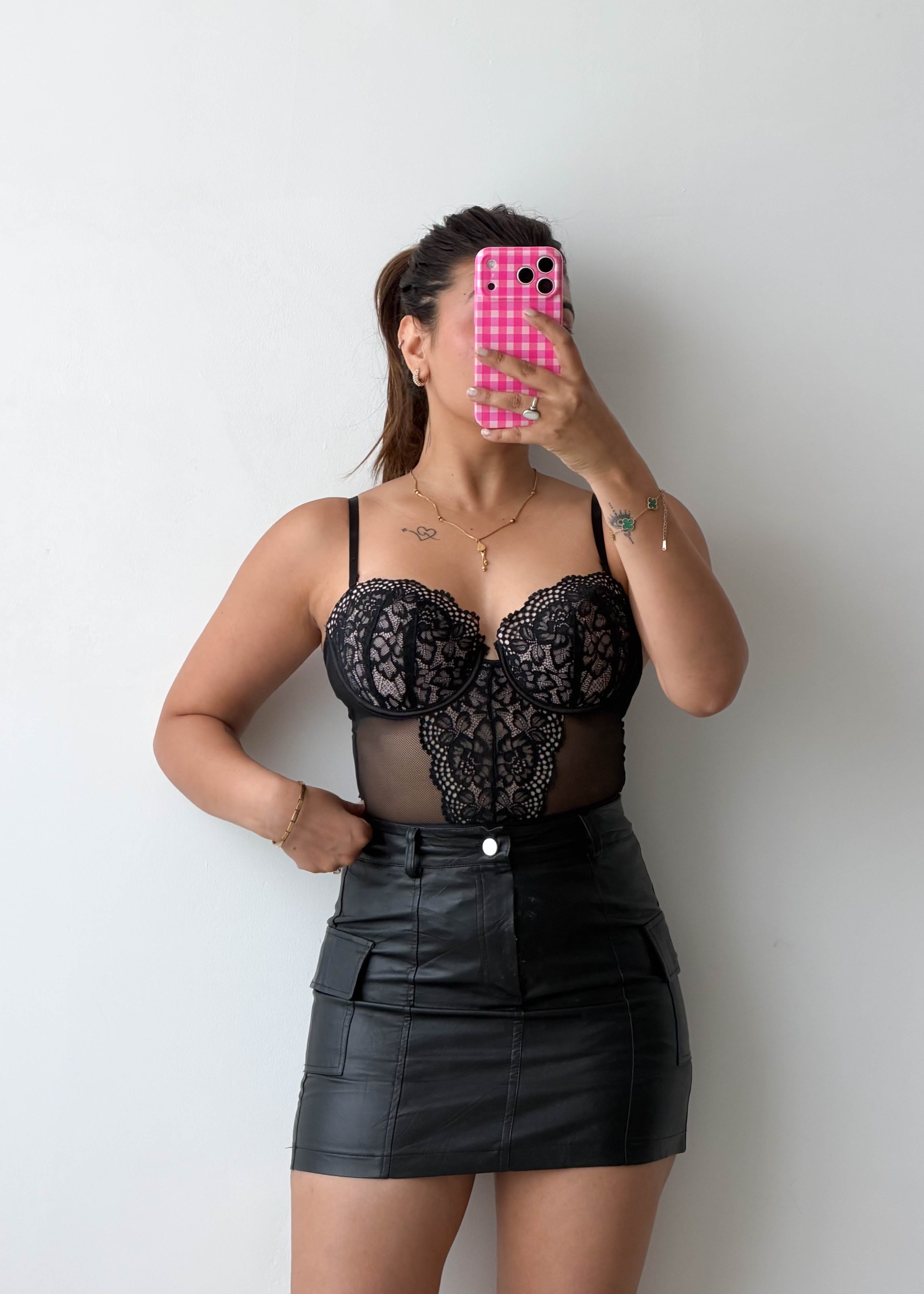 Size M Black Floral Lace Corset Bodysuit