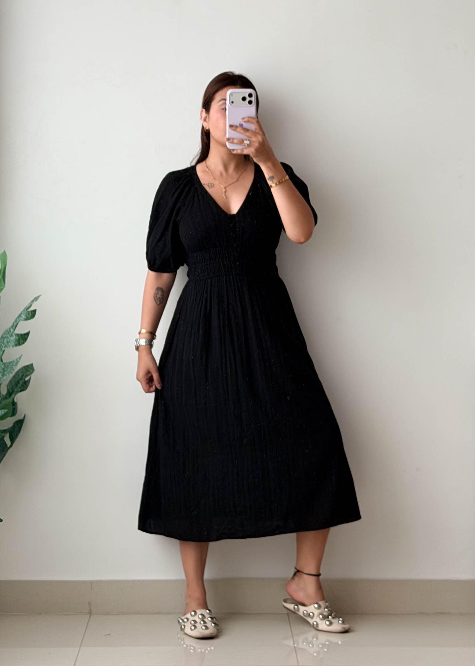XS-S Black Puff Sleeve Midi Dress