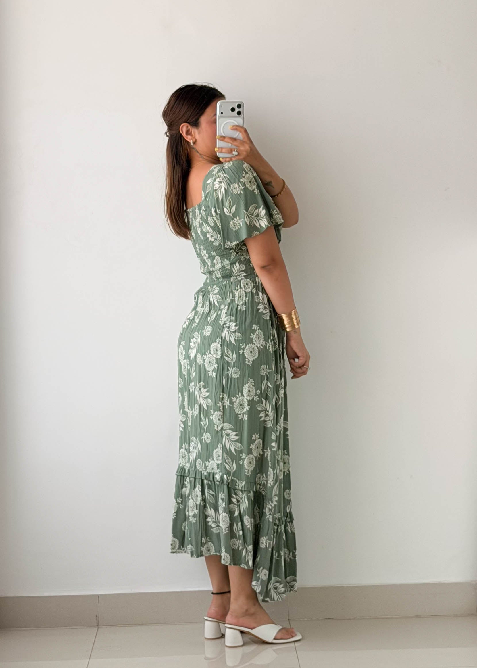 Size XS-S Sage Floral Cut-Out Maxi Dress
