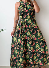 Size M-L Black Floral Halter Maxi Dress