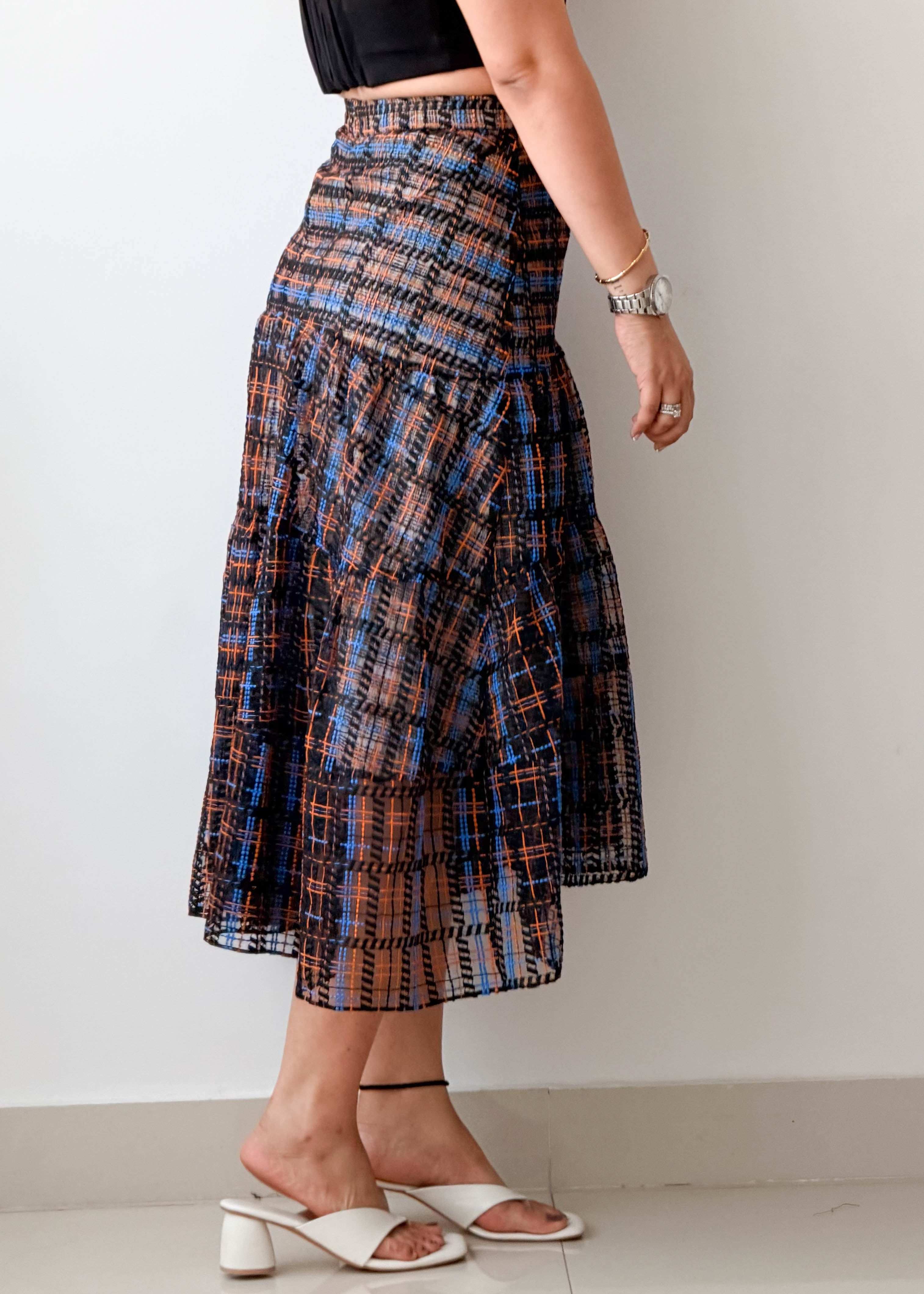 Waist 26-27 Checked Midi Skirt With Lining