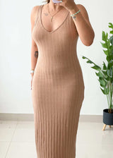 Size S-M, Beige V-Neck Ribbed Maxi Dress - Closet by Payal