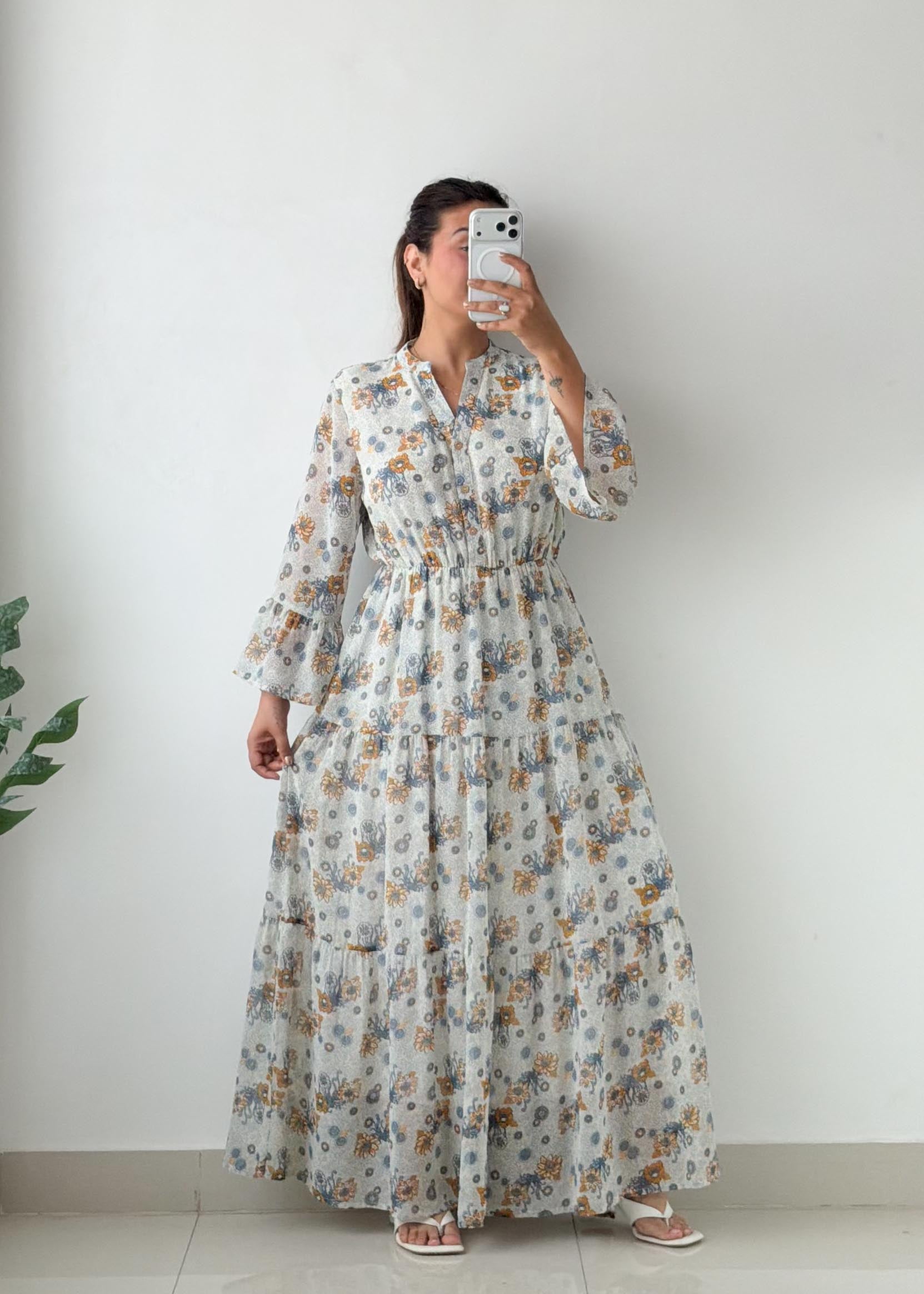 Size M-L Ivory Floral Tiered Maxi Dress