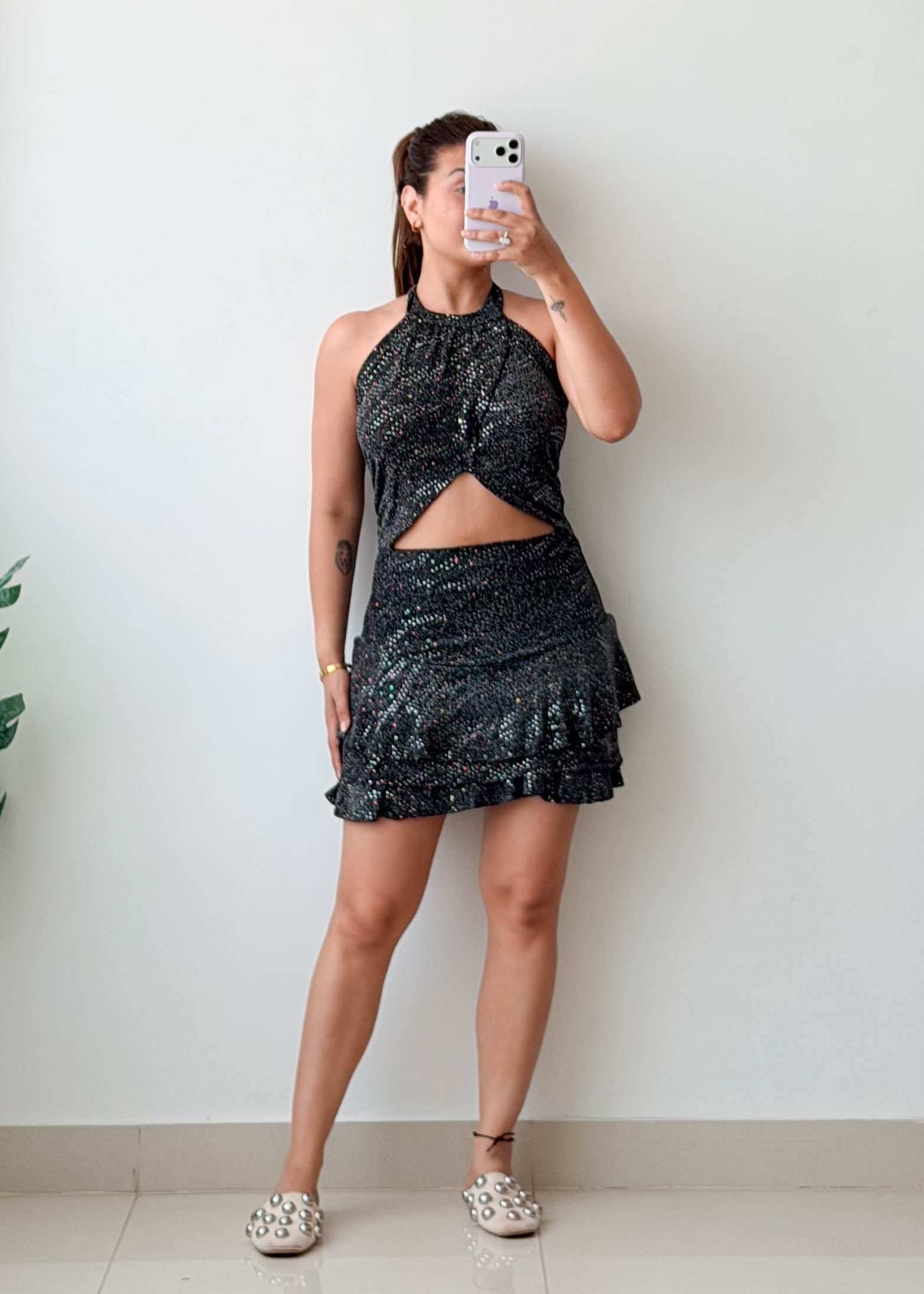 Size S-M Black Shimmer Cut-Out Party Dress