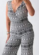 Size XS-S Black & White Tribal Print Wide-Leg Jumpsuit