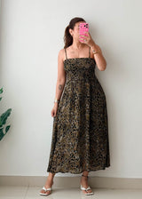 Size XS-S Black & Gold Printed Smocked Maxi Dress
