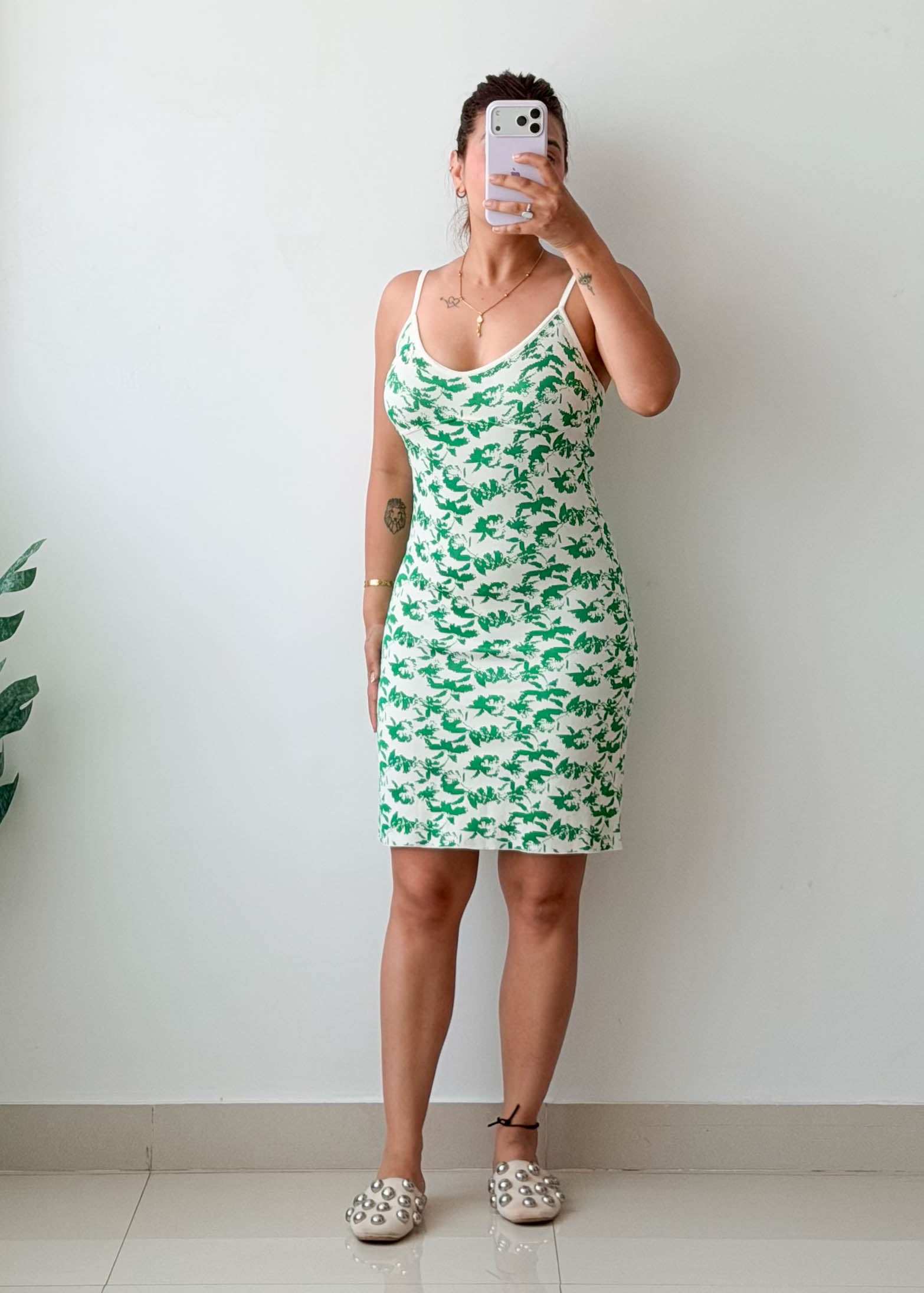 Size S-M White & Green Printed Mini Dress