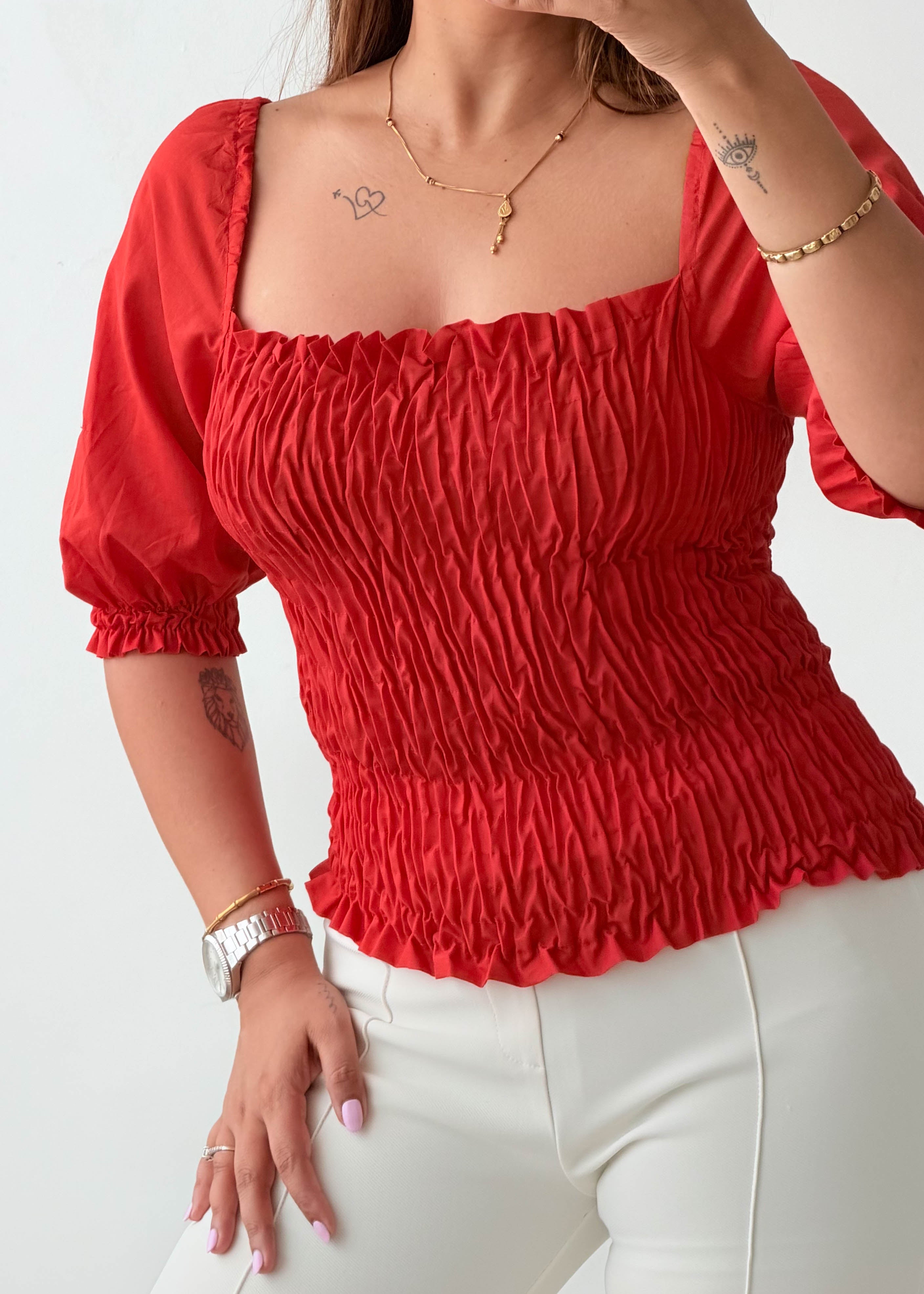 Size XS-S Red Smocked Puff Sleeve Top