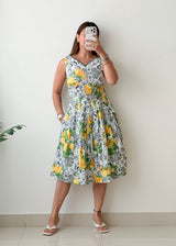 Size S White Lemon Print Fit & Flare Midi Dress