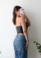 SIZE M-L, Black Faux Leather Corset Top