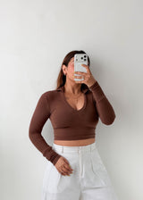 Size XS-S Chocolate Brown V-Neck Crop Top
