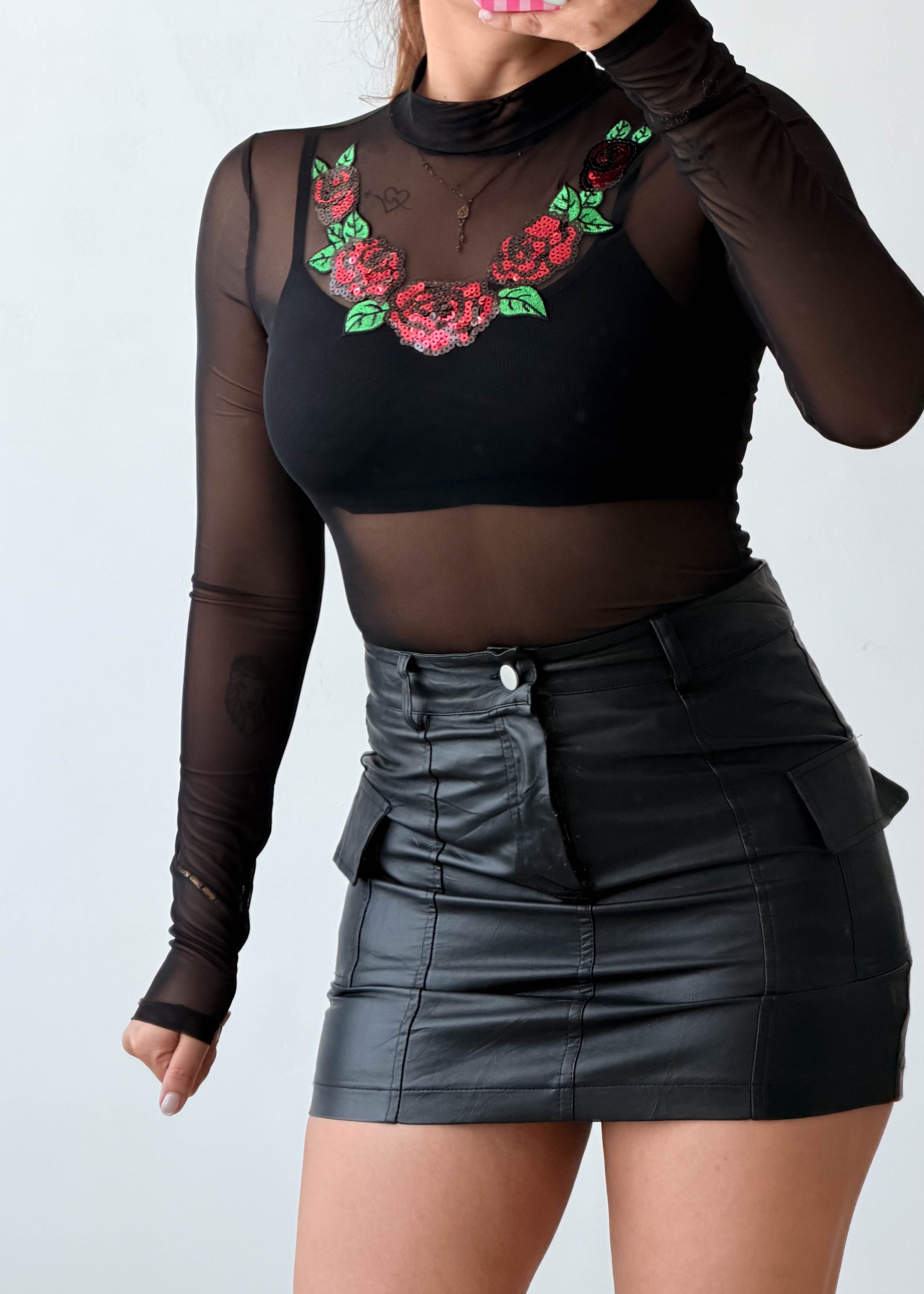 Size XS-S Black Embroidered Mesh Bodysuit