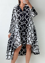 Size S-M Black & White Abstract High-Low Shirt Dress