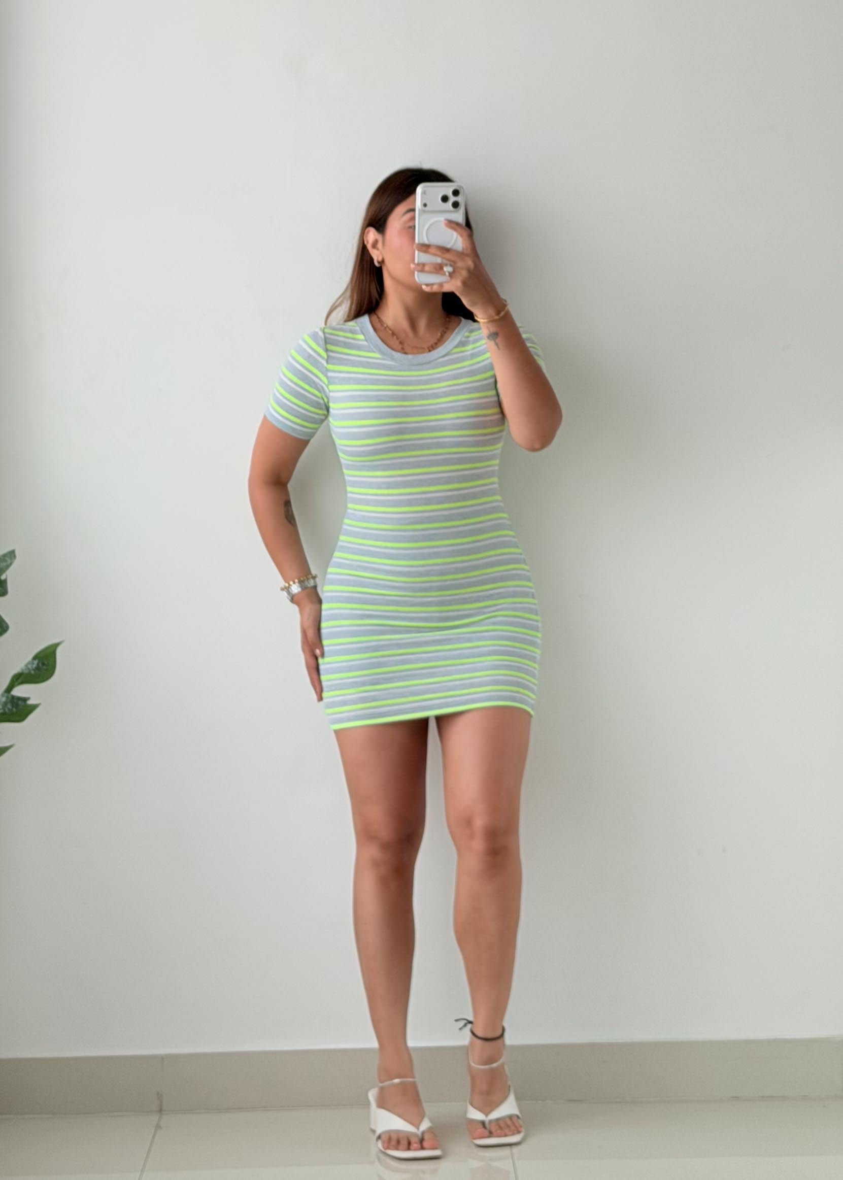 Size XS-S Grey & Lime Stripe Bodycon Mini Dress
