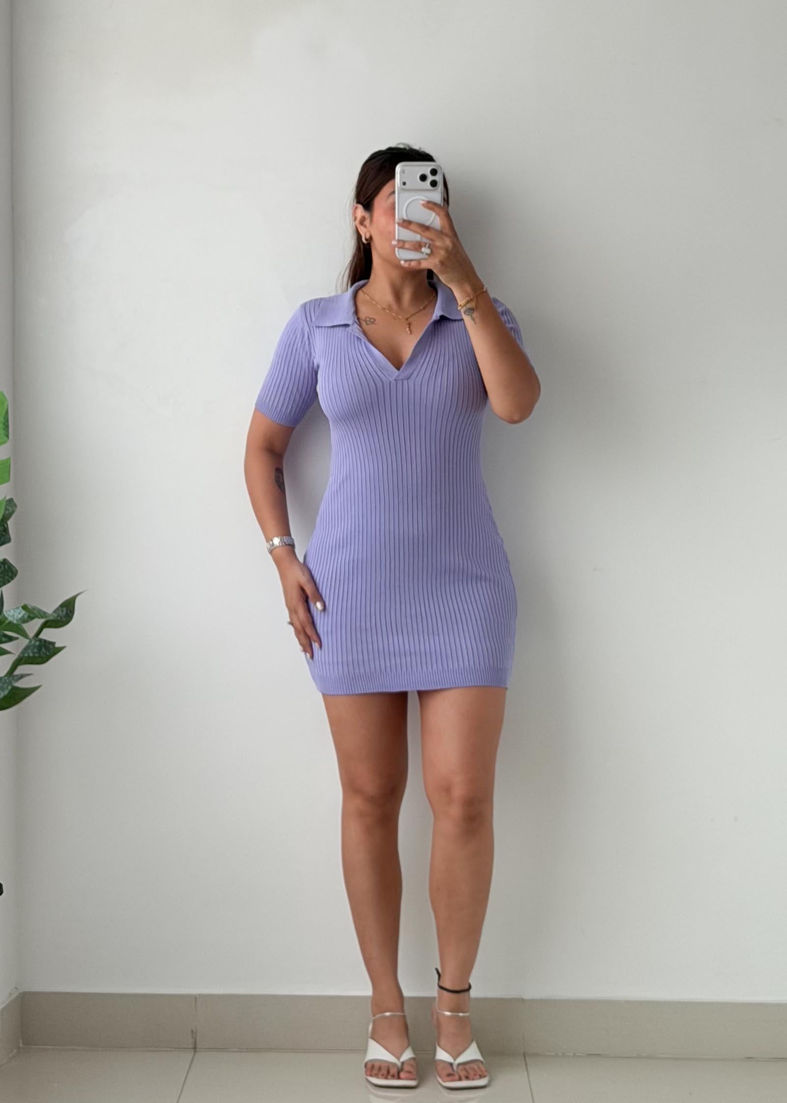 Size S-M Lavender Ribbed Collared Bodycon Mini Dress