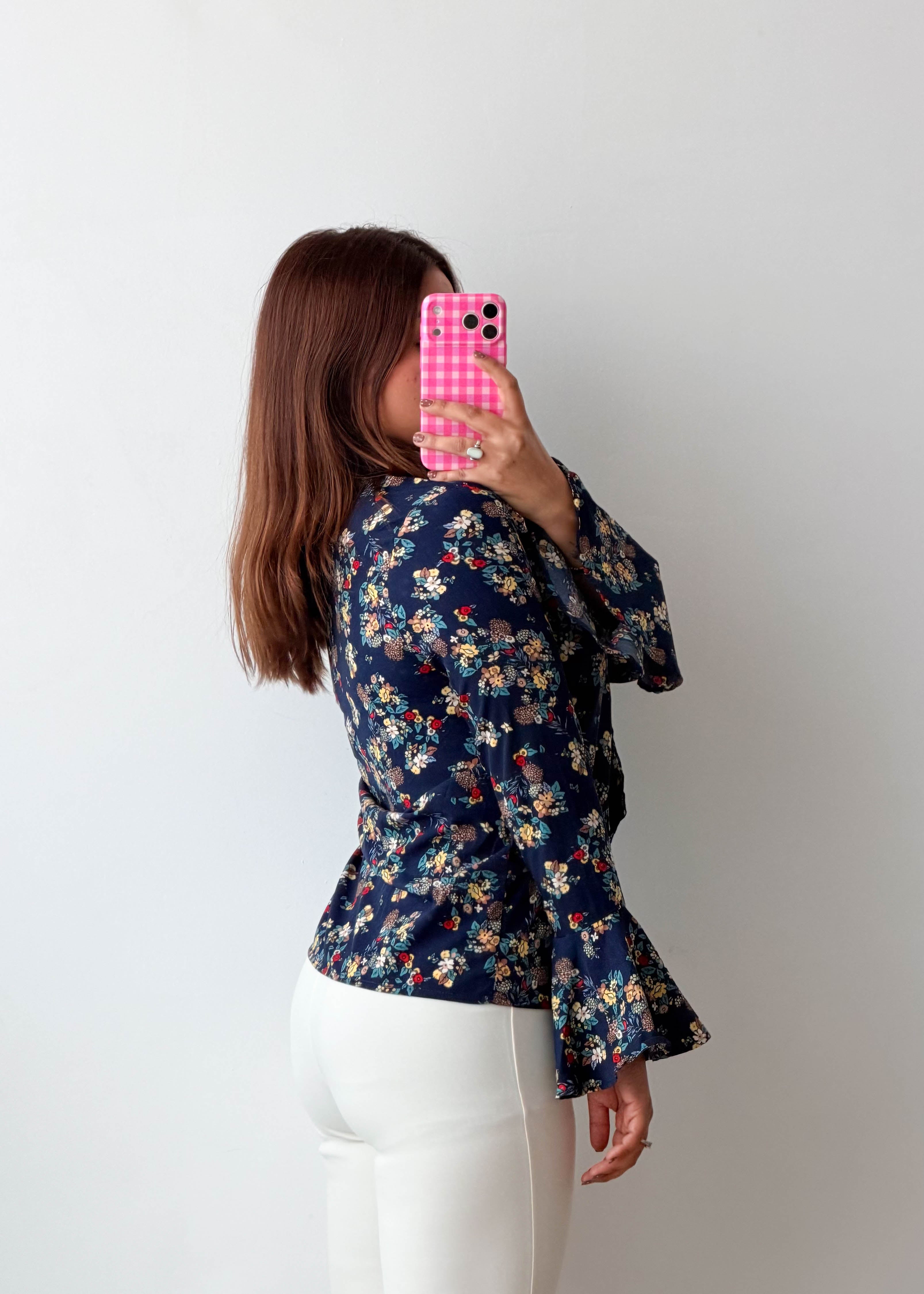 Size XS-S Navy Floral Tie-Neck Shirt Top
