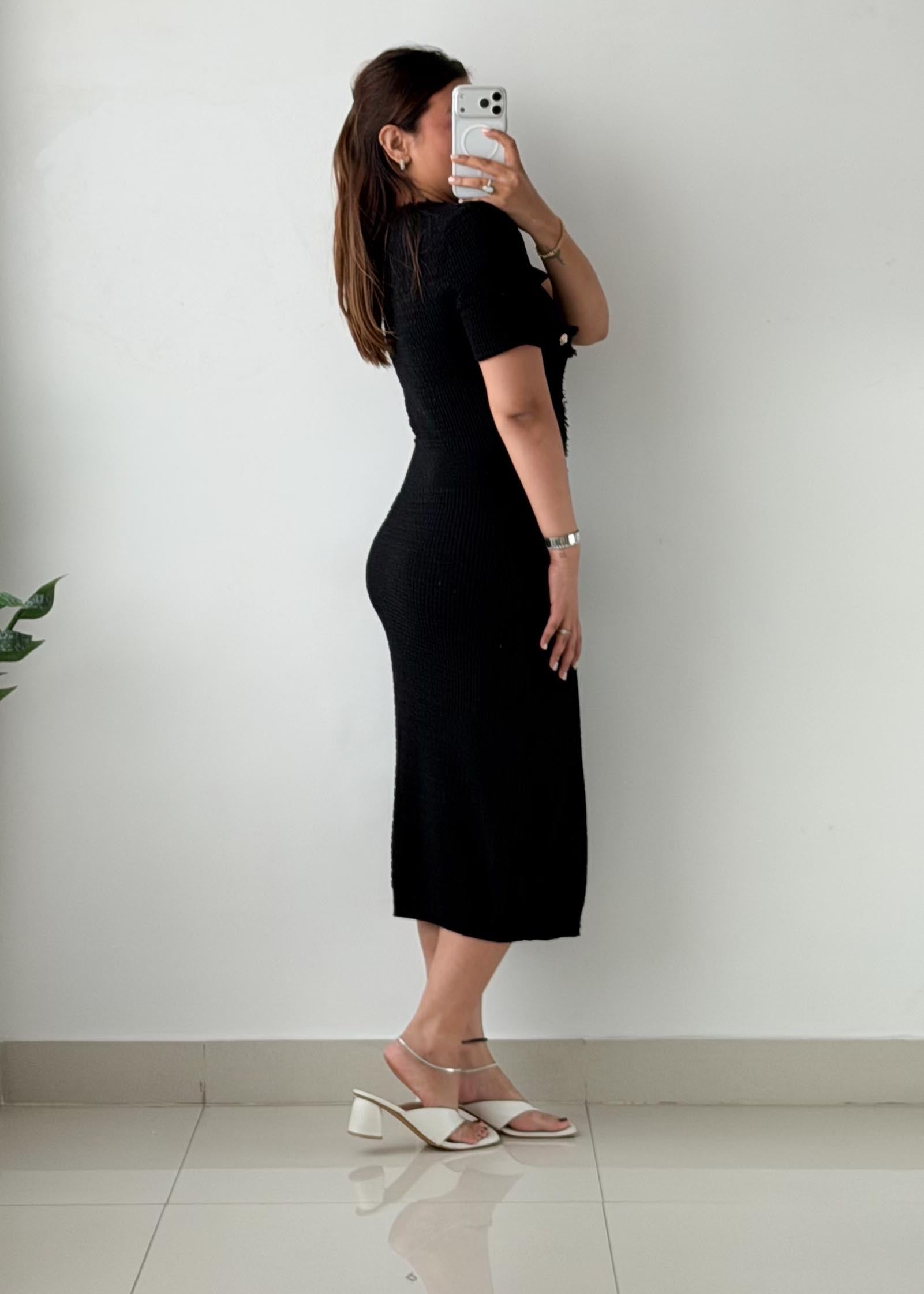 Size S-M Black Button-Front Bodycon Midi Dress