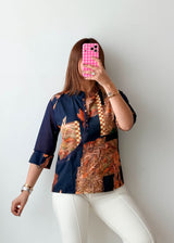 Size S-M Navy Patchwork Print Shirt Top