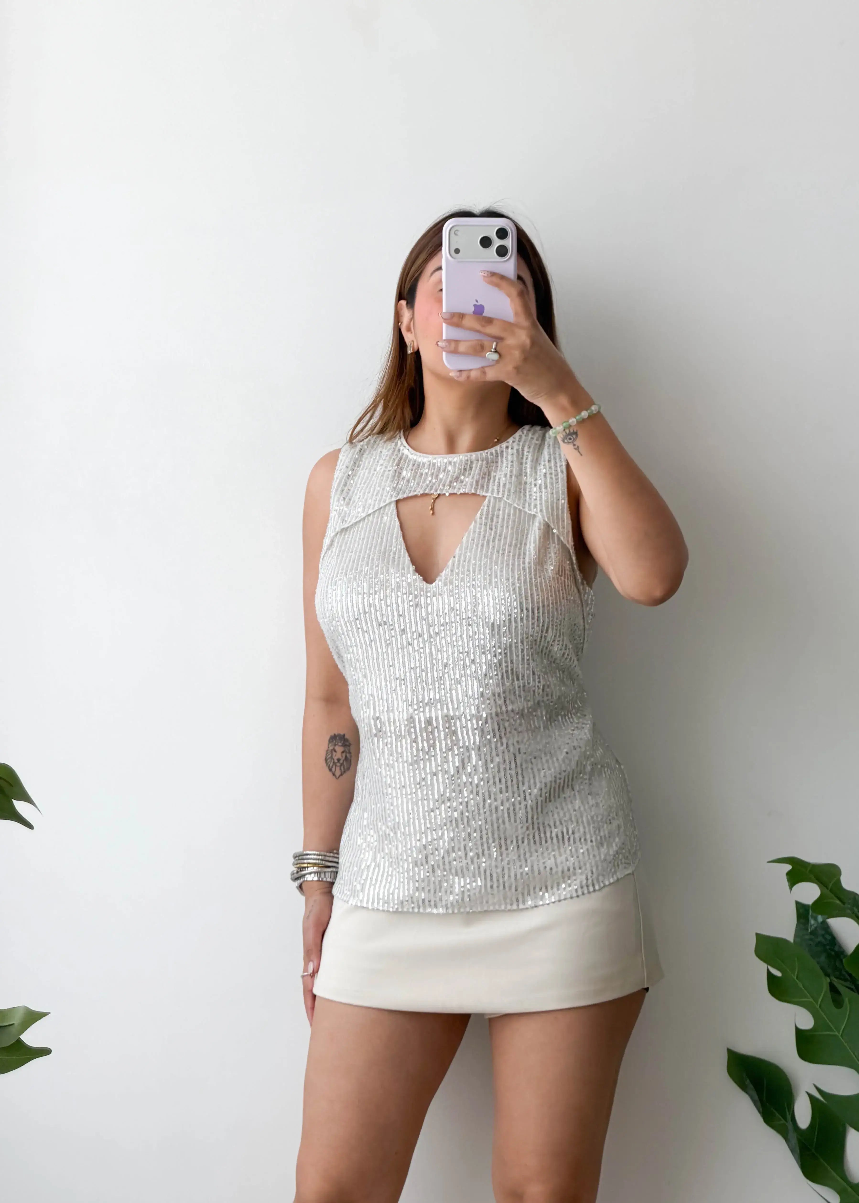 Size M-L, Silver Sequin Cut-Out Top