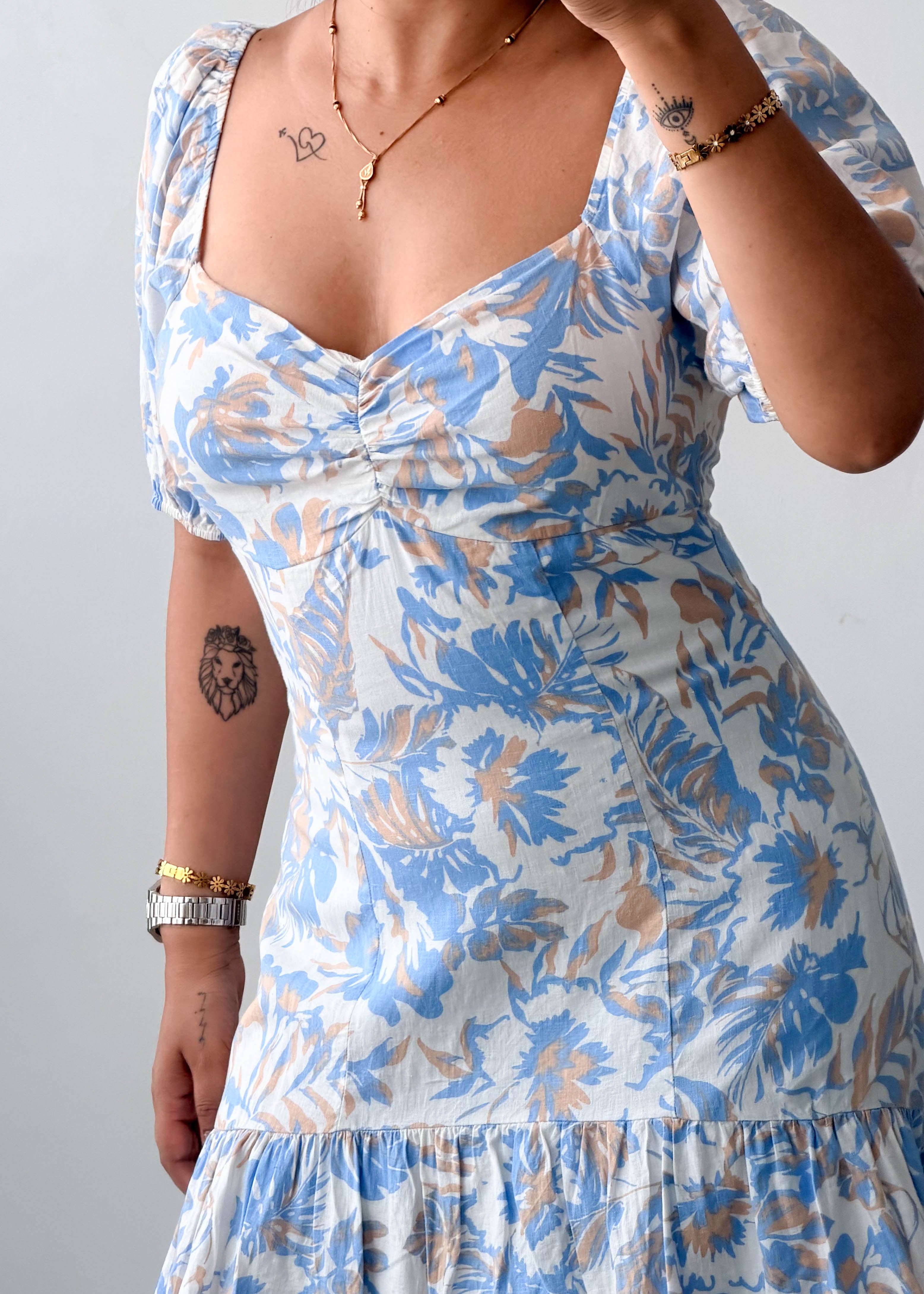 Size M Blue Floral Puff Sleeve Mini Dress