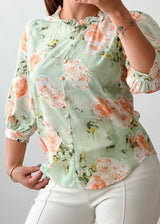 Size XS-S Mint Green Floral Puff Sleeve Top